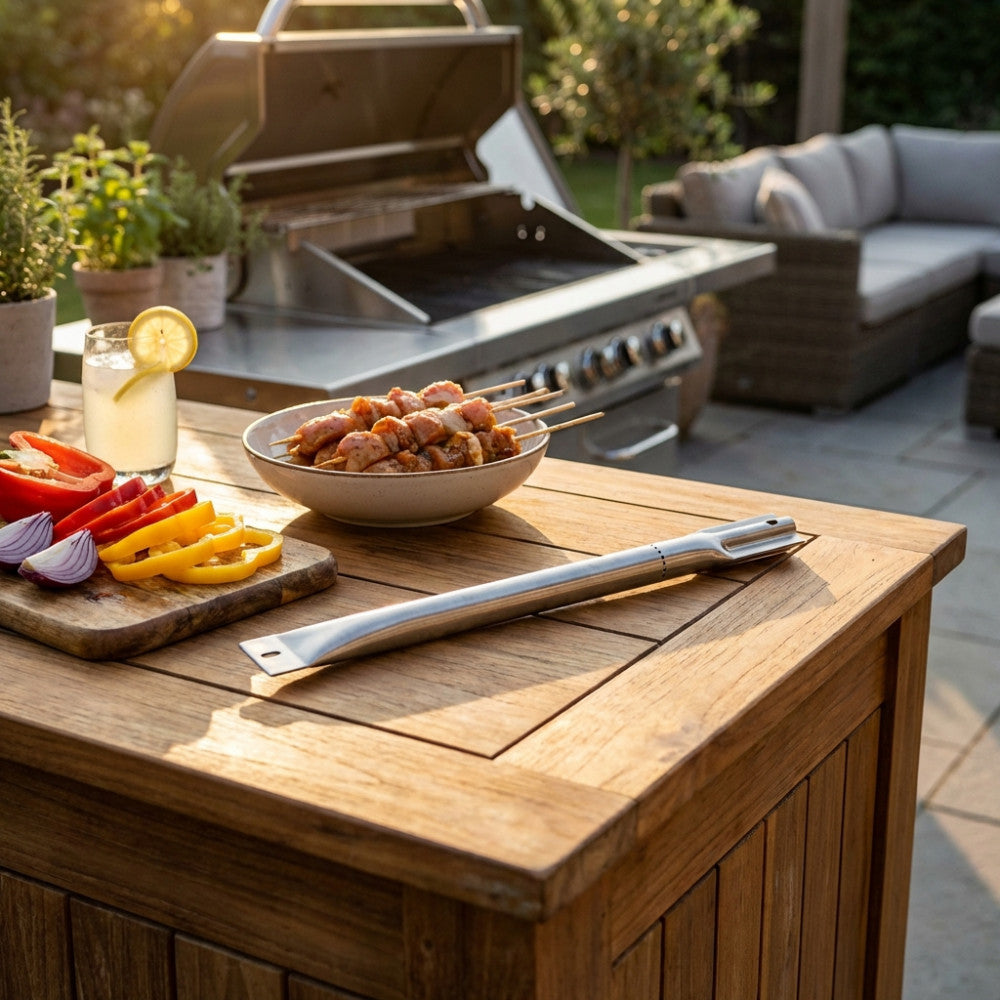 Bruciatore Barbecue Davis appoggiato su un tavolo in legno all'aperto accanto a spiedini freschi e una griglia moderna.