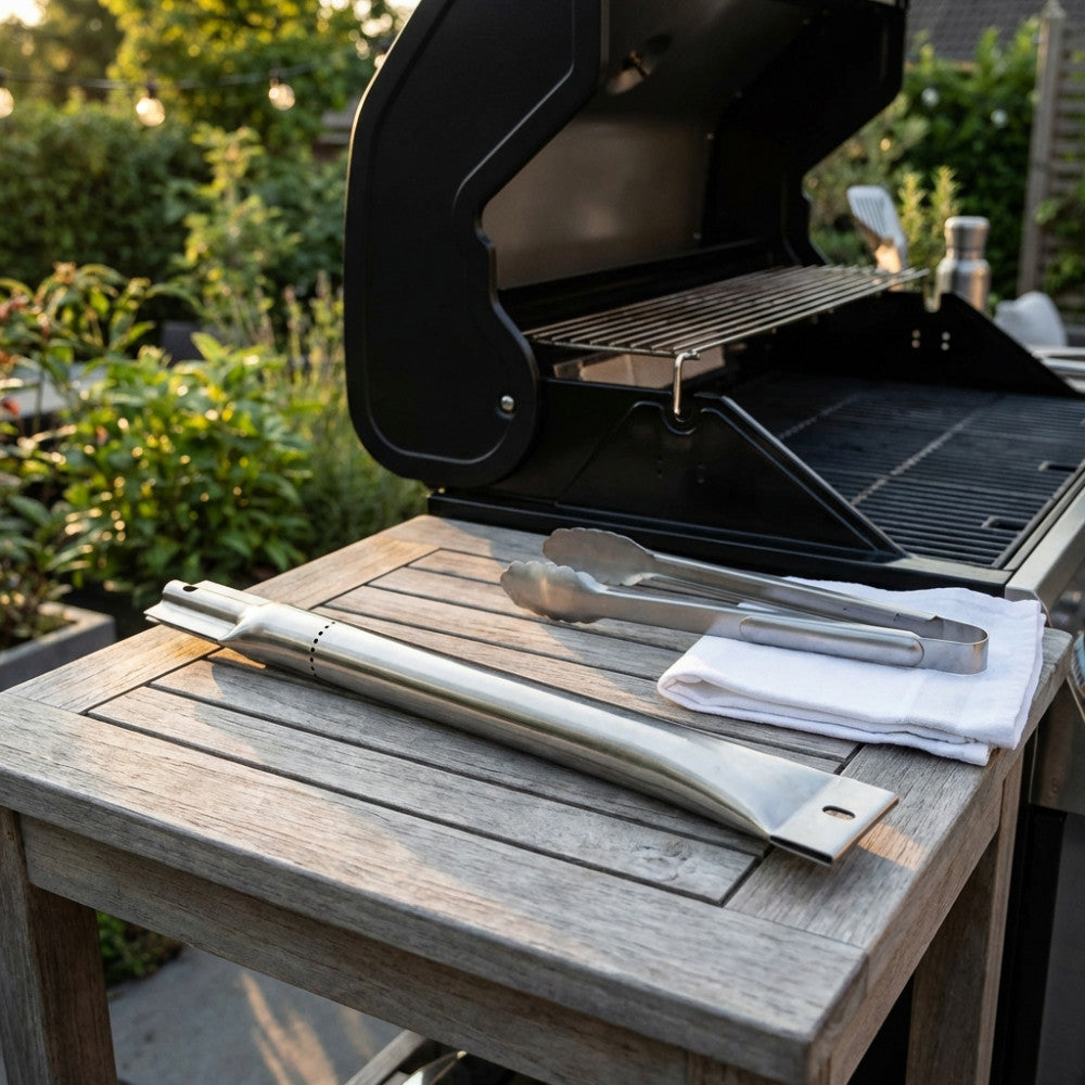 Bruciatore Barbecue Davis in metallo premium esposto su un tavolino in teak accanto a un barbecue nero.