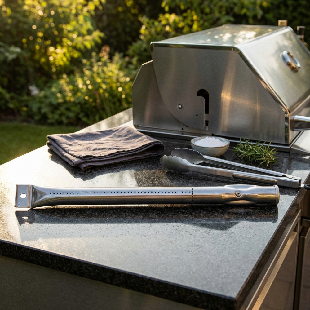 Bruciatore per Barbecue Montana BQ804140 in acciaio inox appoggiato su un piano in granito scuro, illuminato dalla calda luce del sole.