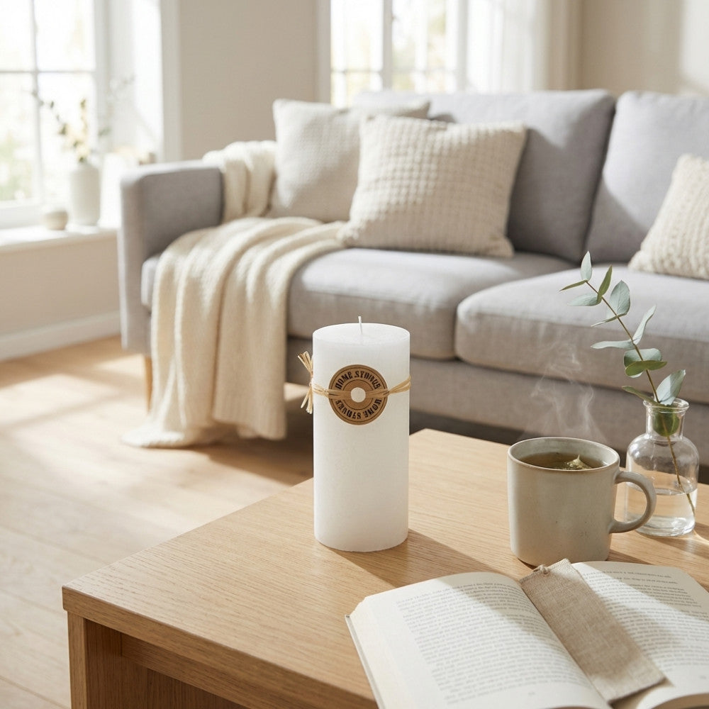 Candela cilindrica bianca Cosma con etichetta Home Stones