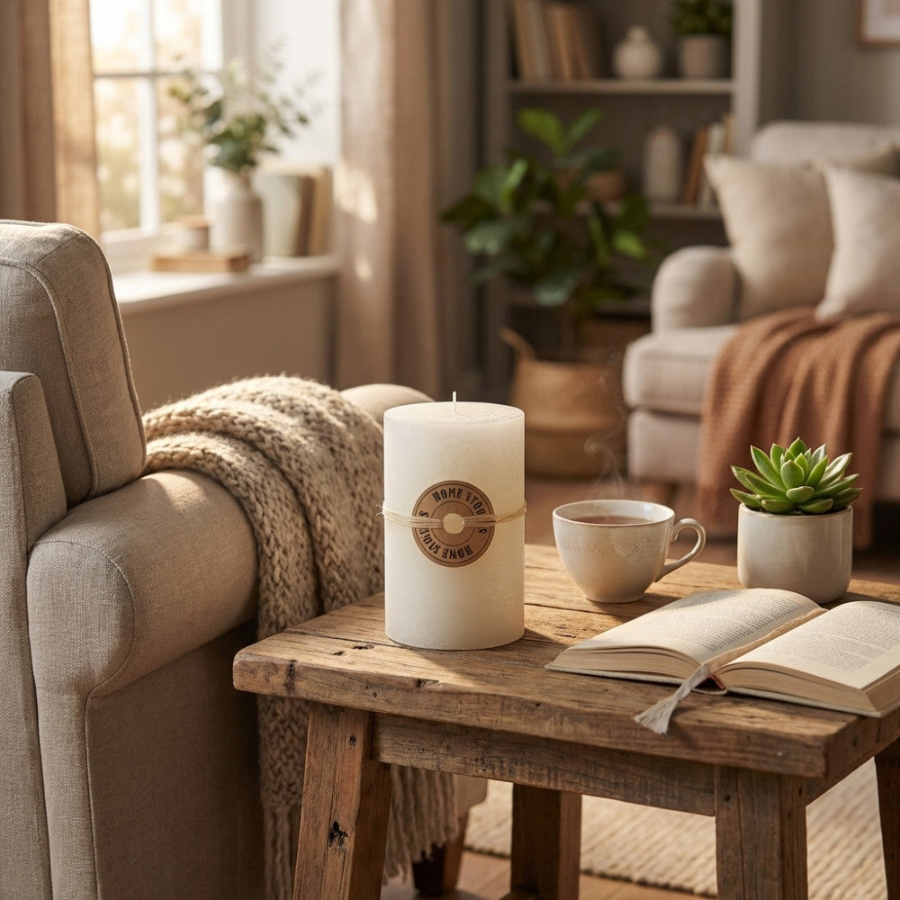 Candela cilindrica bianca Cosma con etichetta rustica