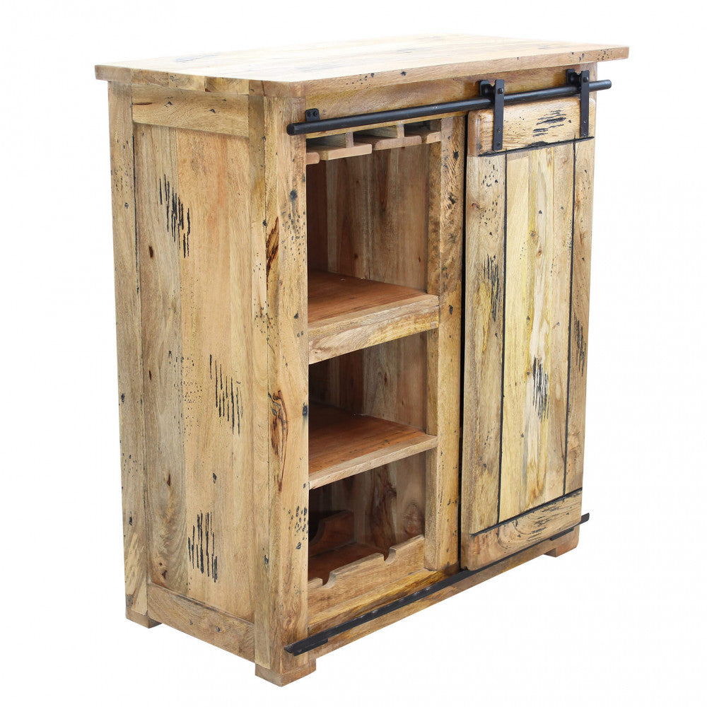 Vista laterale della credenza per vini, che mostra la robustezza della struttura in legno marrone.