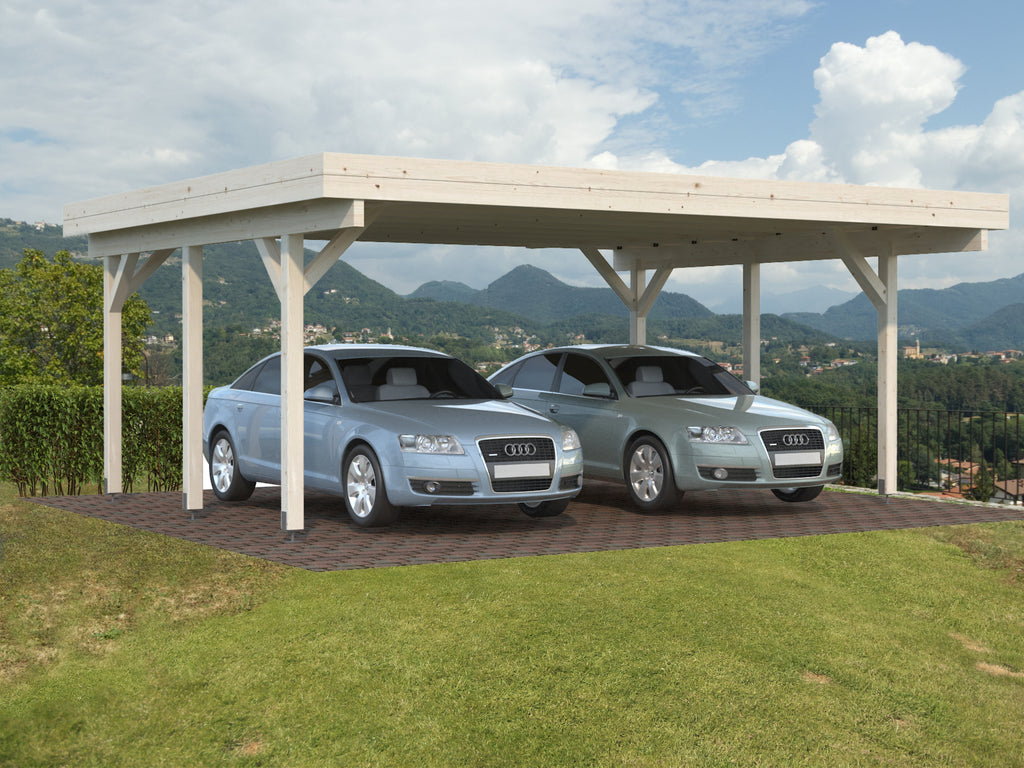 Carport doppio Esterni da Vivere in legno naturale con due auto parcheggiate sotto