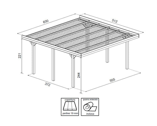 Disegno tecnico del carport doppio Esterni da Vivere con dimensioni e dettagli della copertura
