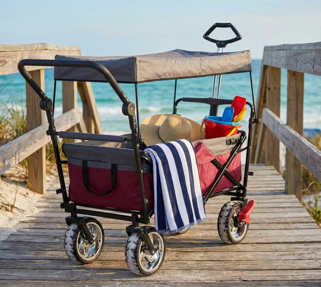 Carrello Baltic con tettuccio su una passerella in legno vicino al mare, che mostra la sua robusta struttura in acciaio.