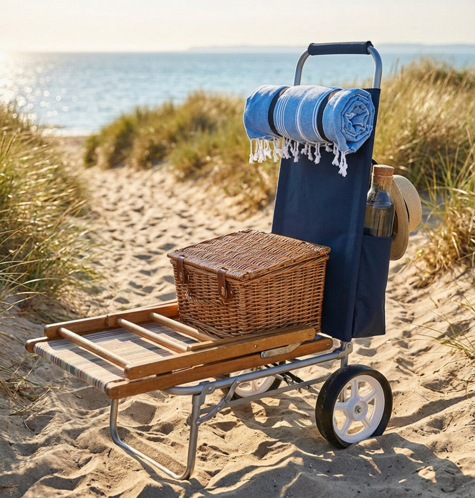 Dettaglio del carrello Cosma Beach con ruote ampie e tasca posteriore