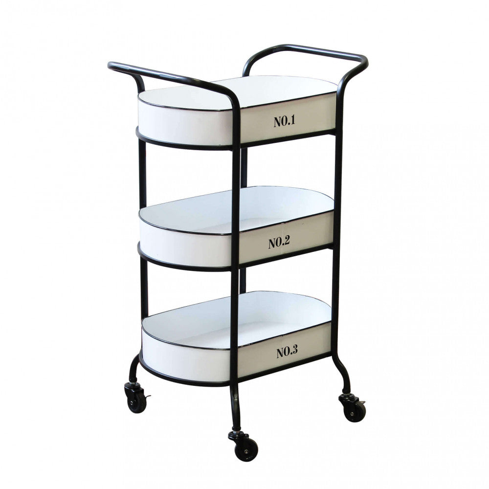 Carrello Mobile Chile in acciaio bianco, mostrando la sua struttura e le ruote.