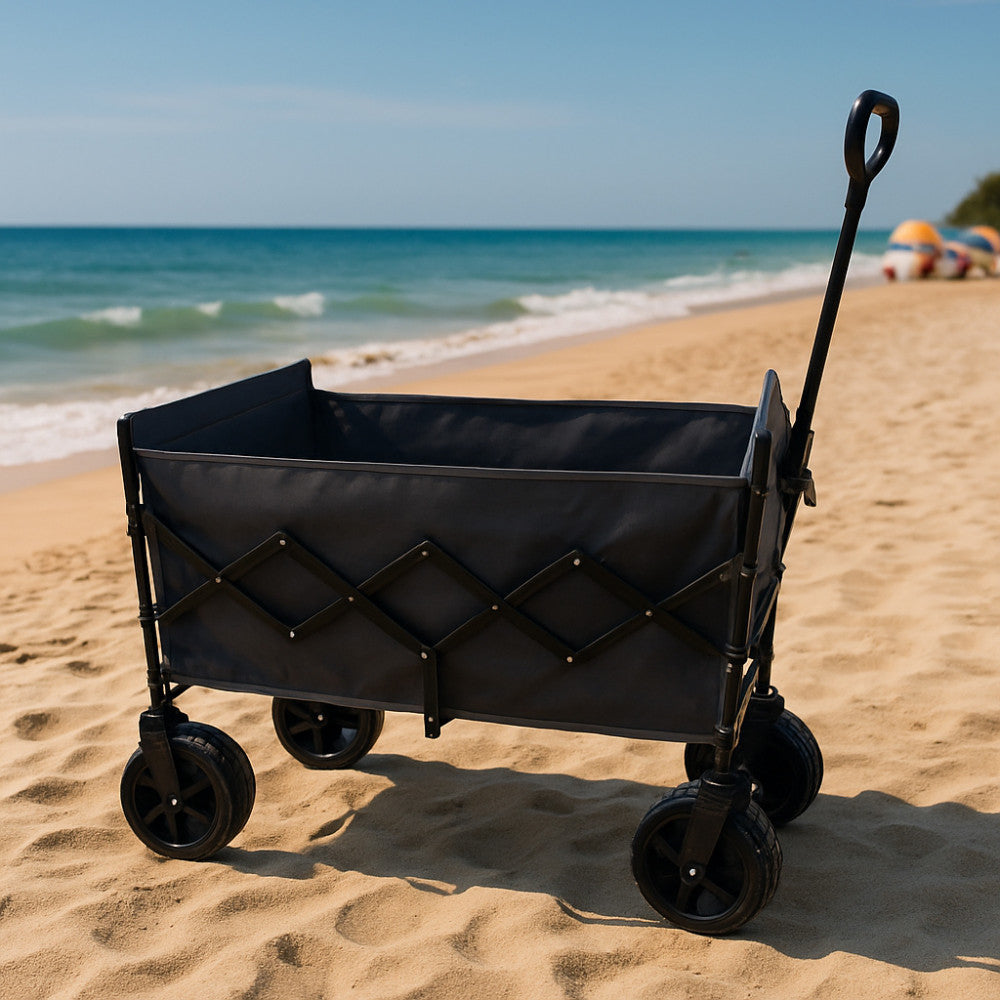 Carrello moderno North in poliestere grigio scuro posizionato sulla sabbia dorata vicino al mare.