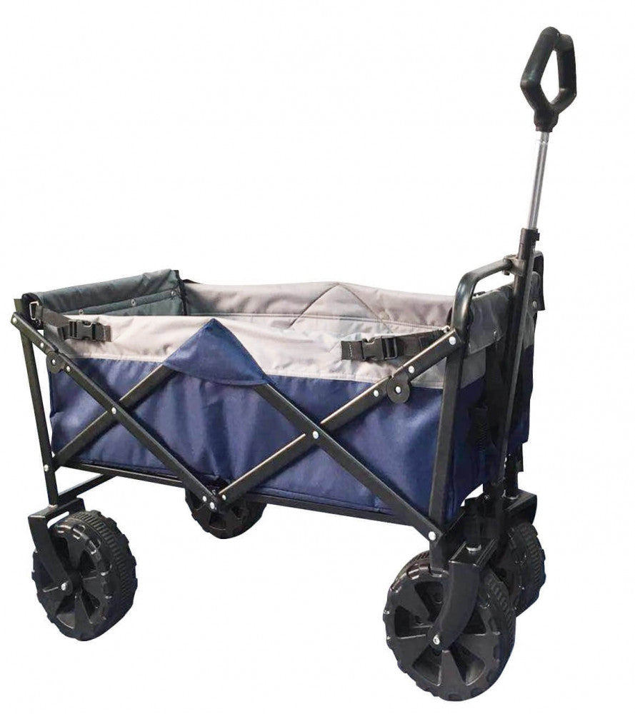 Prospettiva angolata del carrello Pacific vuoto, evidenziando il telaio pieghevole in acciaio e le ruote all-terrain.