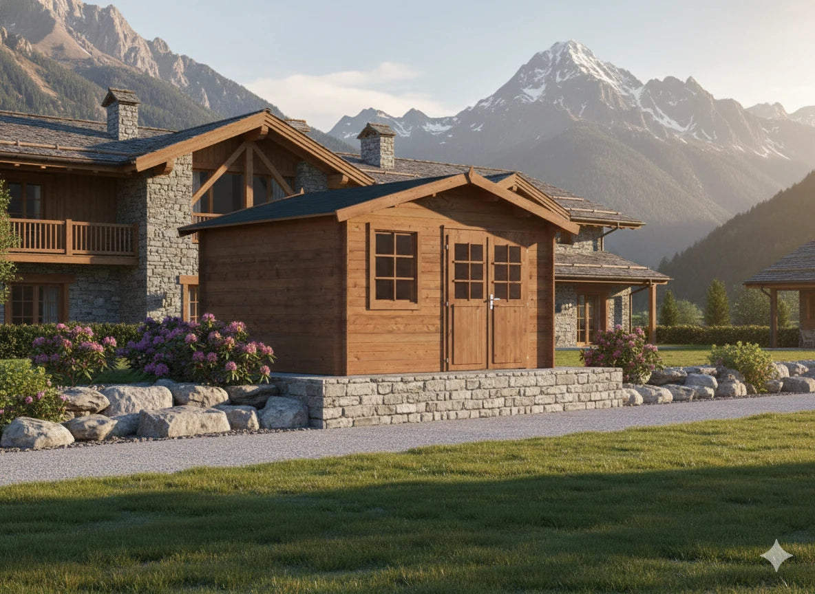 Casetta da giardino in Abete impregnato in autoclave 380x337 cm, costruzione blockhouse 28 mm, doppia porta e finestra apribile, ambientata in contesto montano