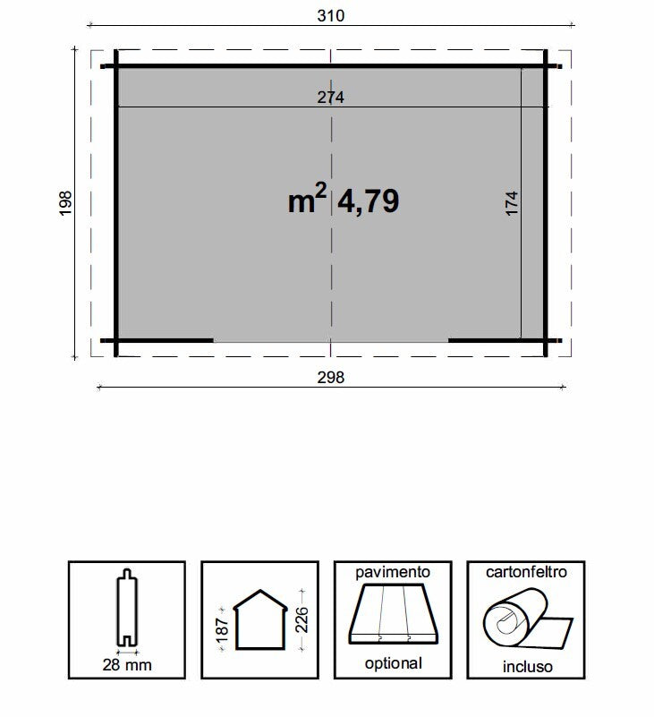 Planimetria e dimensioni tecniche della casetta Ambra 300x200