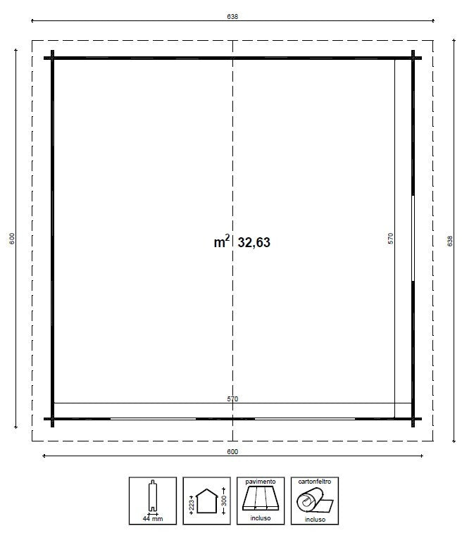 Planimetria dettagliata della casetta in legno con dimensioni 600x550 cm