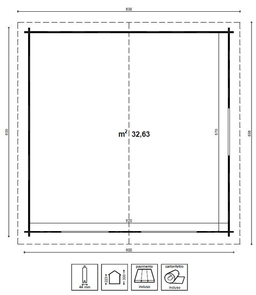 Planimetria dettagliata della casetta in legno con dimensioni 600x550 cm