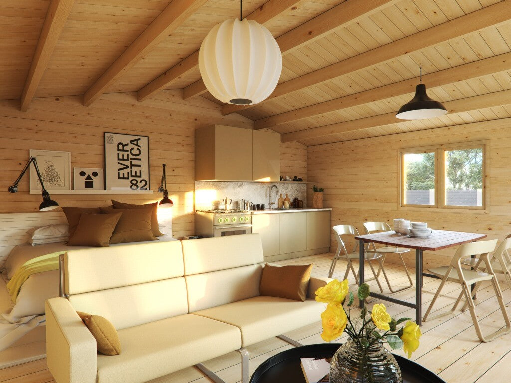 Dettaglio dell'ambiente interno della casetta in legno con zona giorno