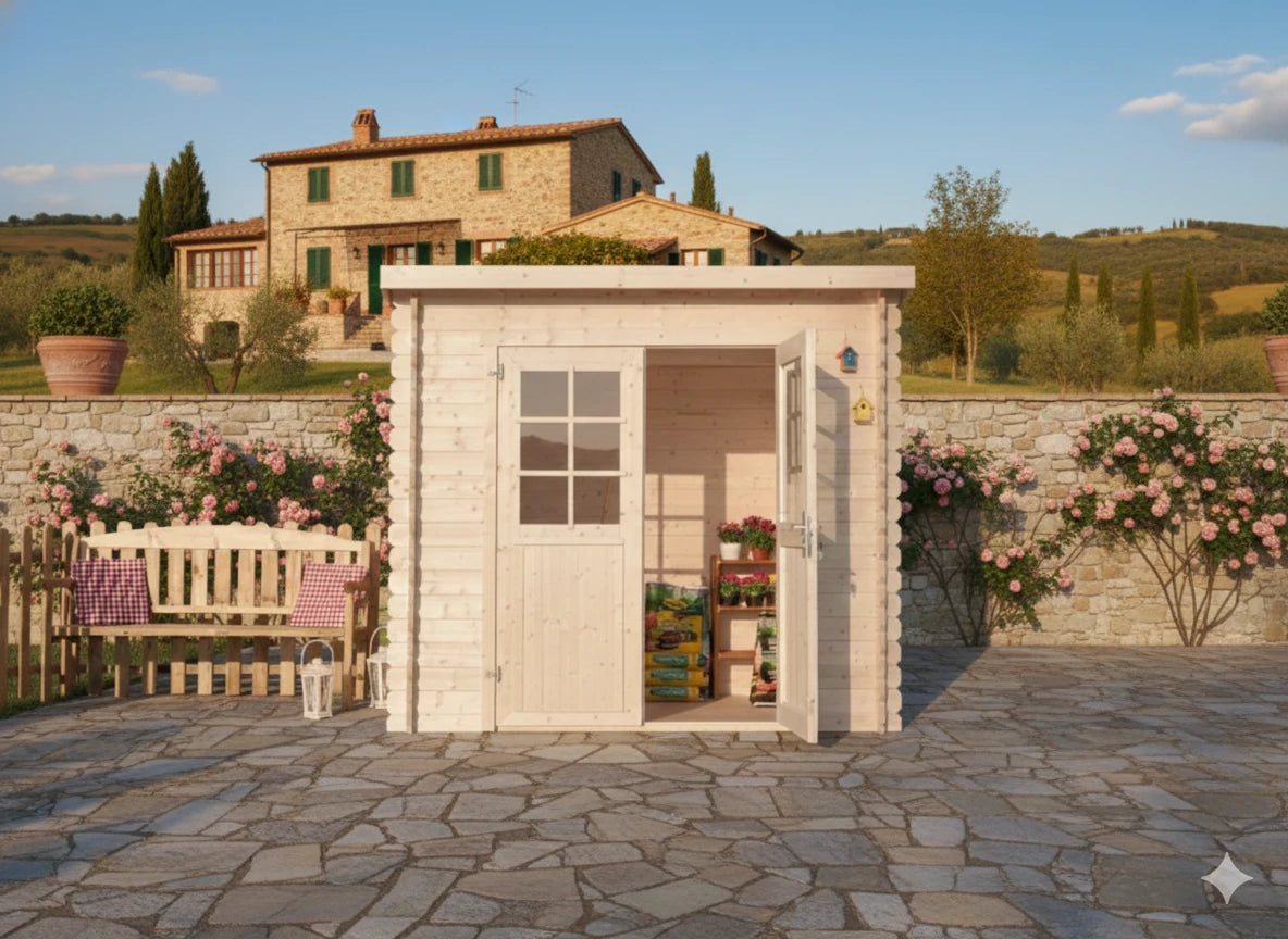 Casetta Asia da giardino 300x300 cm in Abete Grezzo 28 mm con doppia porta con serratura e tetto bitumato, ambientata casolare campagna