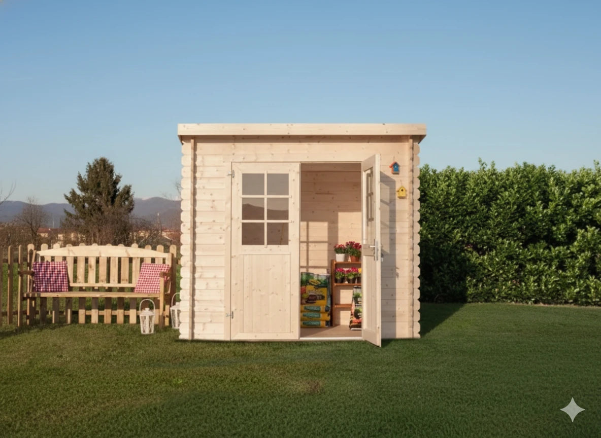 Casetta Asia da giardino 300x300 cm in Abete Grezzo 28 mm con doppia porta con serratura e tetto bitumato, vista frontale