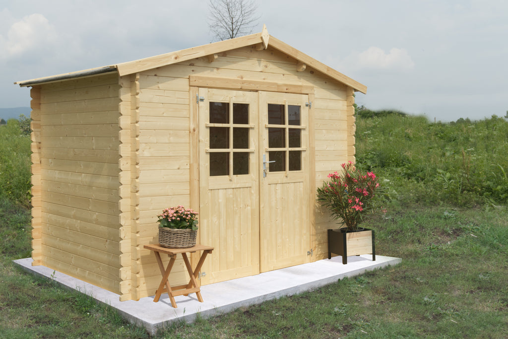 Casetta da giardino Esterni Da Vivere Astrid 300x300 in abete grezzo, vista frontale con porta doppia