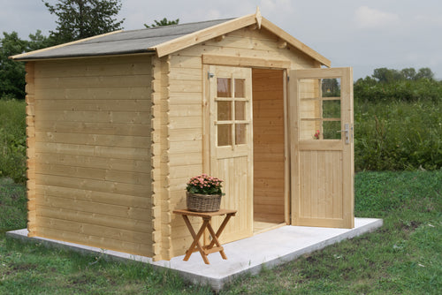Casetta da giardino Esterni Da Vivere Astrid 300x300 con porta aperta, dettaglio della struttura blockhouse