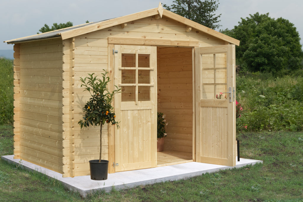 Casetta da giardino Esterni Da Vivere Astrid 300x300, vista laterale e frontale con tetto a spiovente