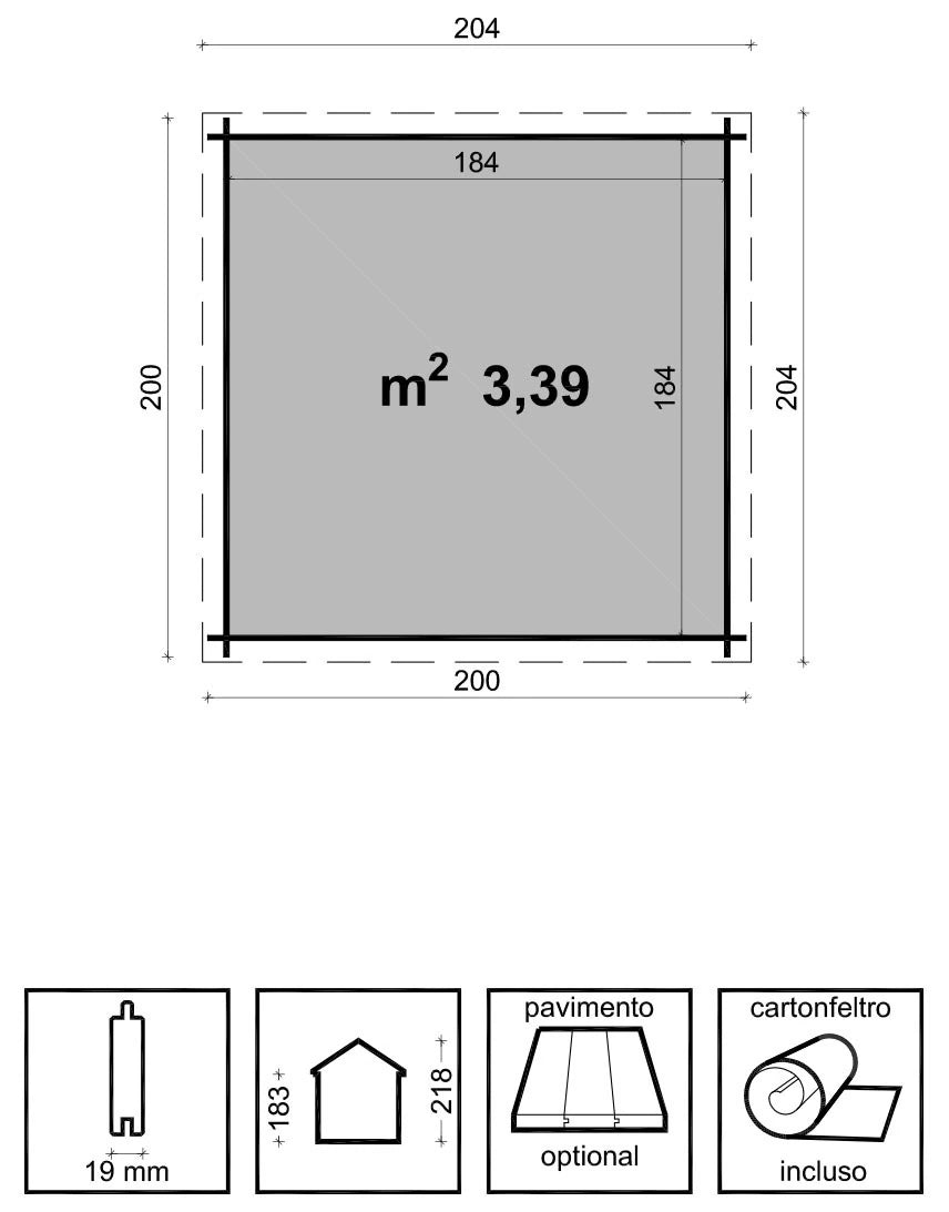 Casetta Birba da giardino 200x200 cm in Abete Grezzo 19 mm, con doppia porta con chiavistello e tetto in OSB con cartonfeltro bitumato, misure