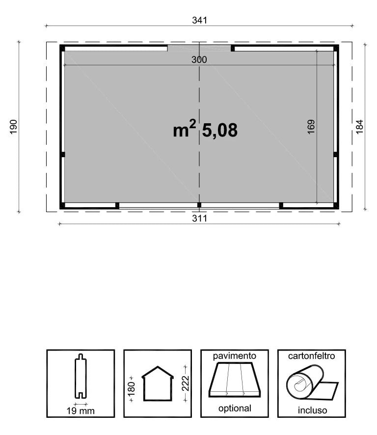 Casetta Chiosco Rio da giardino 310x190 cm in Abete Grezzo 19 mm con anta a ribalta e porta singola con serratura, misure