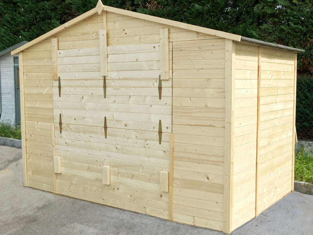 Casetta Chiosco Rio da giardino 310x190 cm in Abete Grezzo 19 mm con anta a ribalta e porta singola con serratura, vista da chiusa