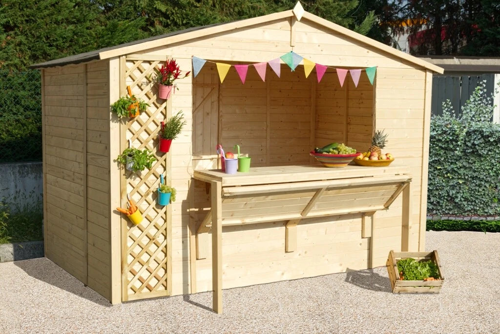 Casetta Chiosco Rio da giardino 310x190 cm in Abete Grezzo 19 mm con anta a ribalta e porta singola con serratura.