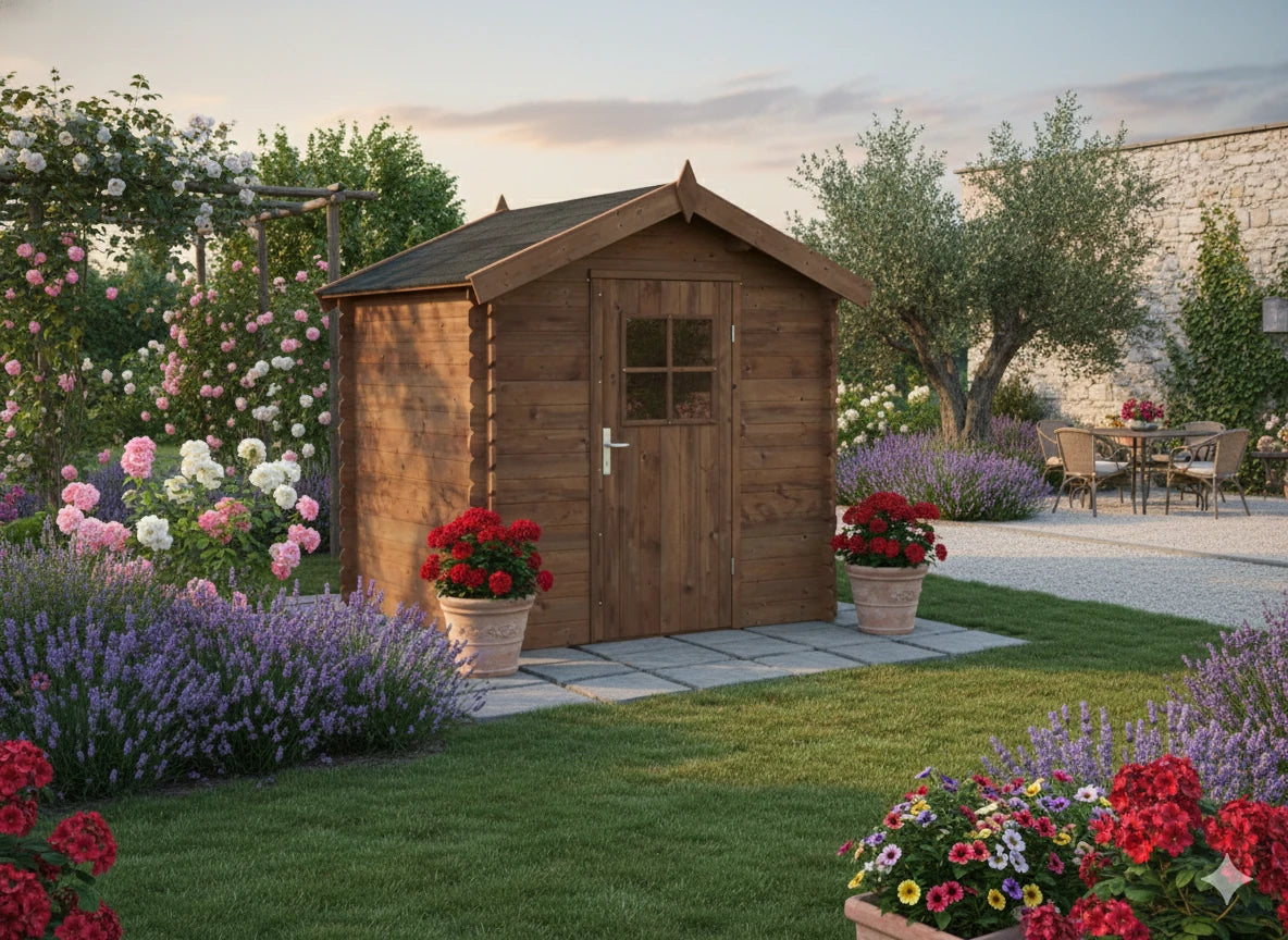 La casetta Clara in un'ambientazione da giardino, per mostrare come si integra con l'ambiente circostante, immersa nel verde di casa