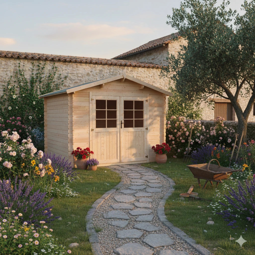 Casetta Diana da giardino 300x400 cm in Abete Grezzo 28 mm con doppia porta con serratura e tetto bitumato, ambientata in giardino fiorito