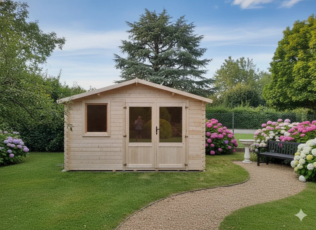 Casetta Genny da giardino 390x300 cm in Abete Grezzo, con doppia porta con serratura e tetto bitumato, panoramica in giardino casolare