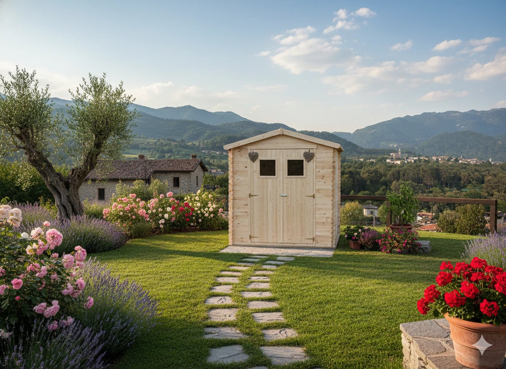 Casetta Giada da giardino 180x130 cm in Abete Grezzo, con doppia porta e tetto in OSB con cartonfeltro bitumato, ambientata in un giardino di campagna