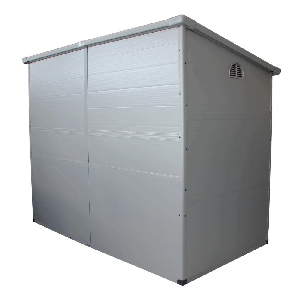 Casetta da giardino Hause in plastica di colore grigio chiaro, con design funzionale e robusto, per riporre attrezzi e accessori | Albert Stock