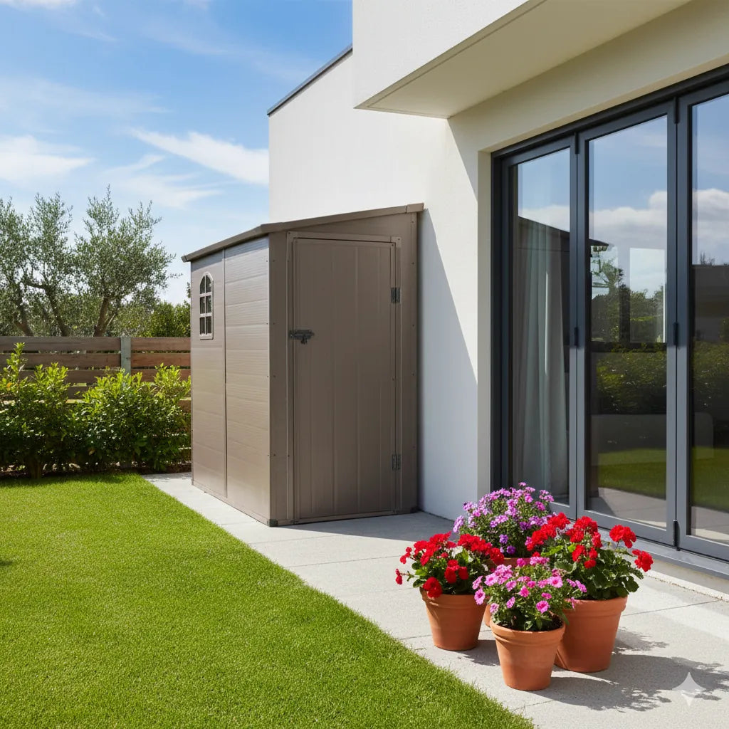 Casetta da giardino Hause in plastica di colore marrone, con design funzionale e robusto, per riporre attrezzi e accessori ambientata in giardino