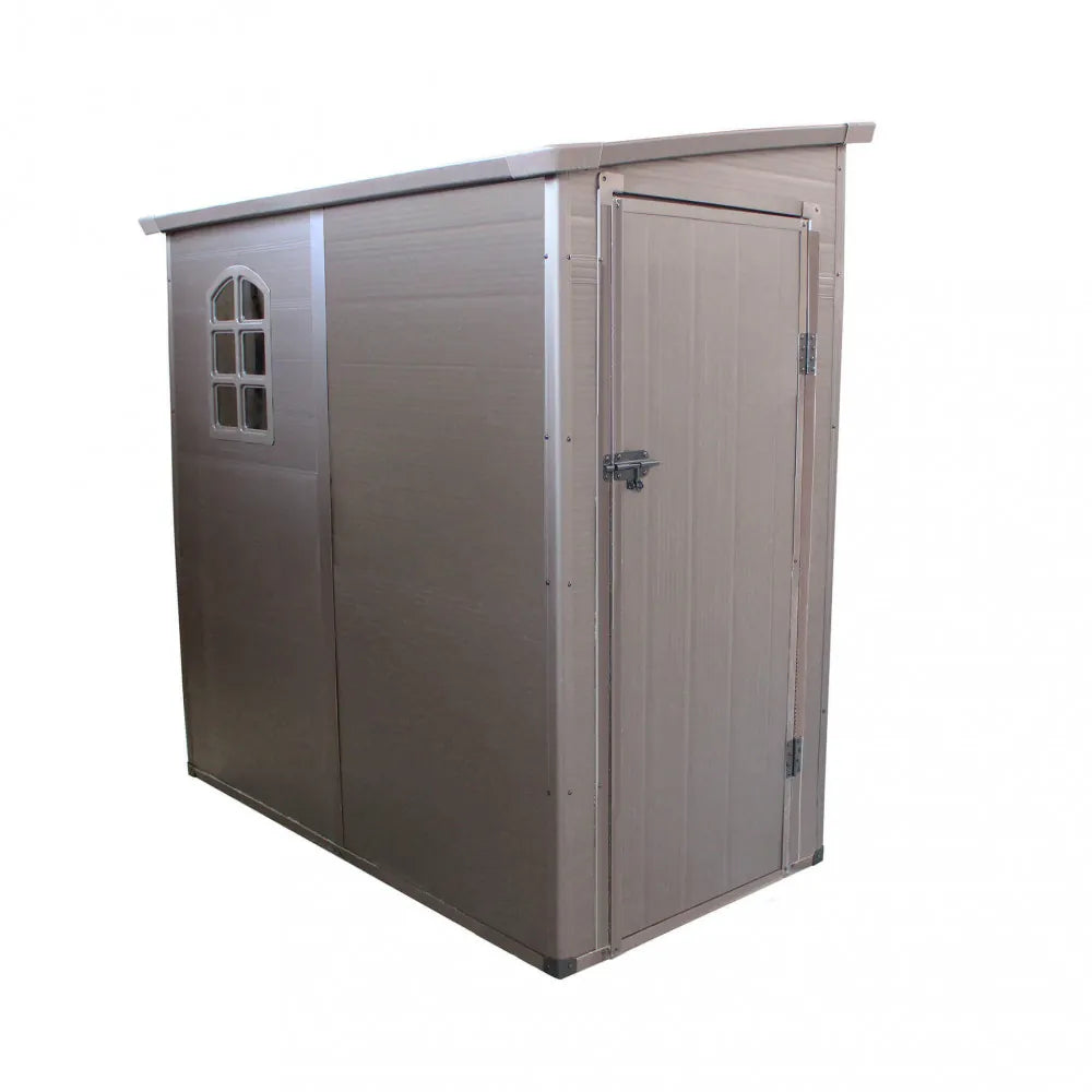 Casetta da giardino Hause in plastica di colore marrone, con design funzionale e robusto, per riporre attrezzi e accessori | Albert Stock