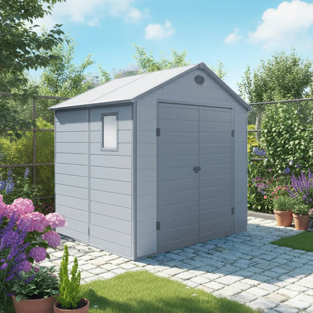 Casetta da giardino Home in plastica di colore grigio chiaro, con design funzionale e robusto, per riporre attrezzi e accessori, ambientata in giardino