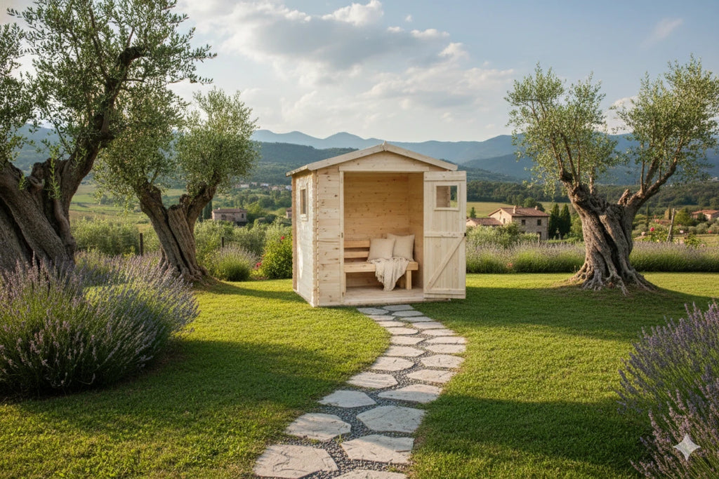 Casetta Giulia da giardino 200x200 cm in Abete Grezzo, con doppia porta e tetto in OSB con cartonfeltro bitumato, ambientata in un giardino di campagna