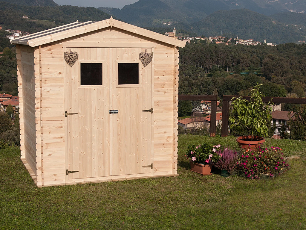 Casetta Giulia da giardino 200x200 cm in Abete Grezzo, con doppia porta e tetto in OSB con cartonfeltro bitumato