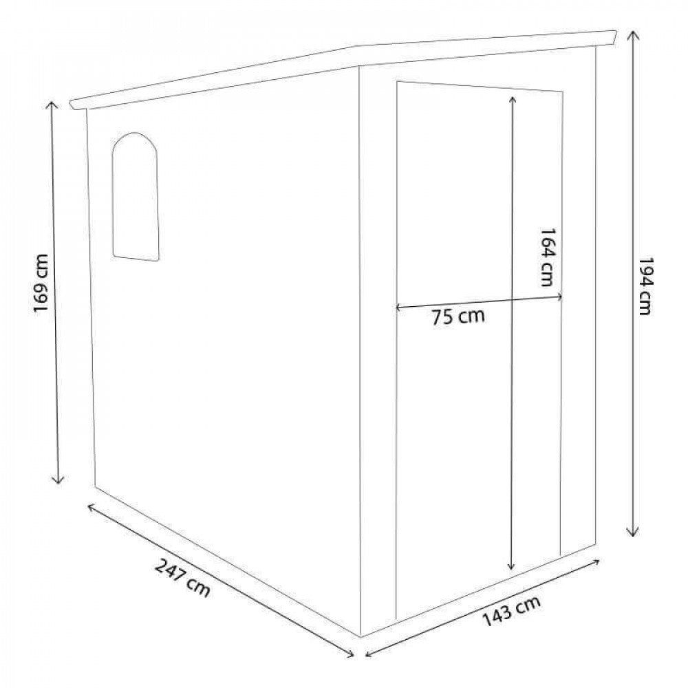 Disegno tecnico della casetta Hause con quote dettagliate di larghezza, profondità e altezza in centimetri.