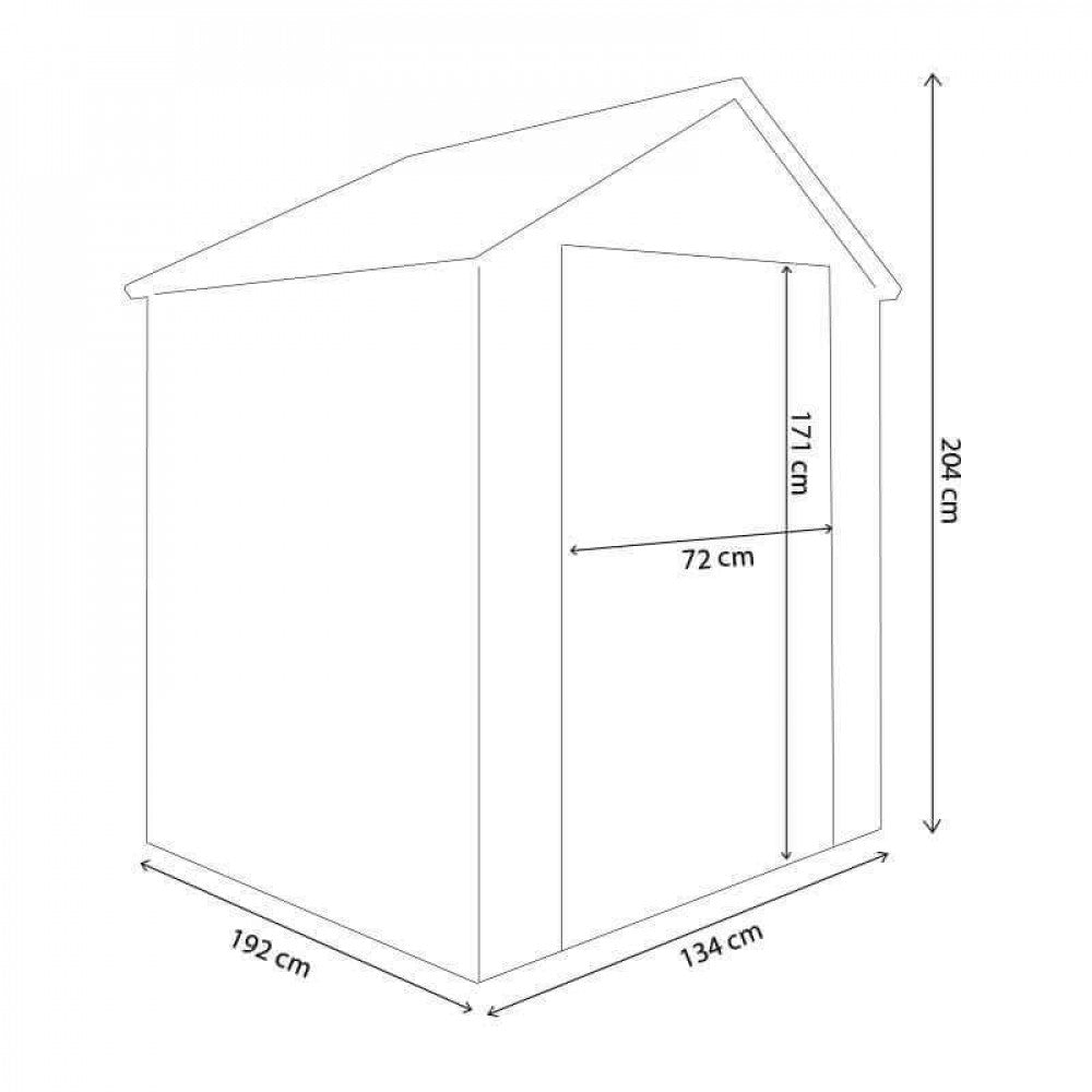 Disegno tecnico della casetta da giardino Home con quote dettagliate che indicano larghezza di 134 cm, profondità di 192 cm, altezza totale di 204 cm e dimensioni della porta.