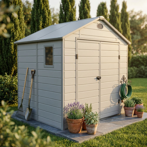 Casetta da giardino Home in plastica grigio chiaro, ambientata su una pavimentazione in pietra con vasi di lavanda e attrezzi da giardinaggio appoggiati.