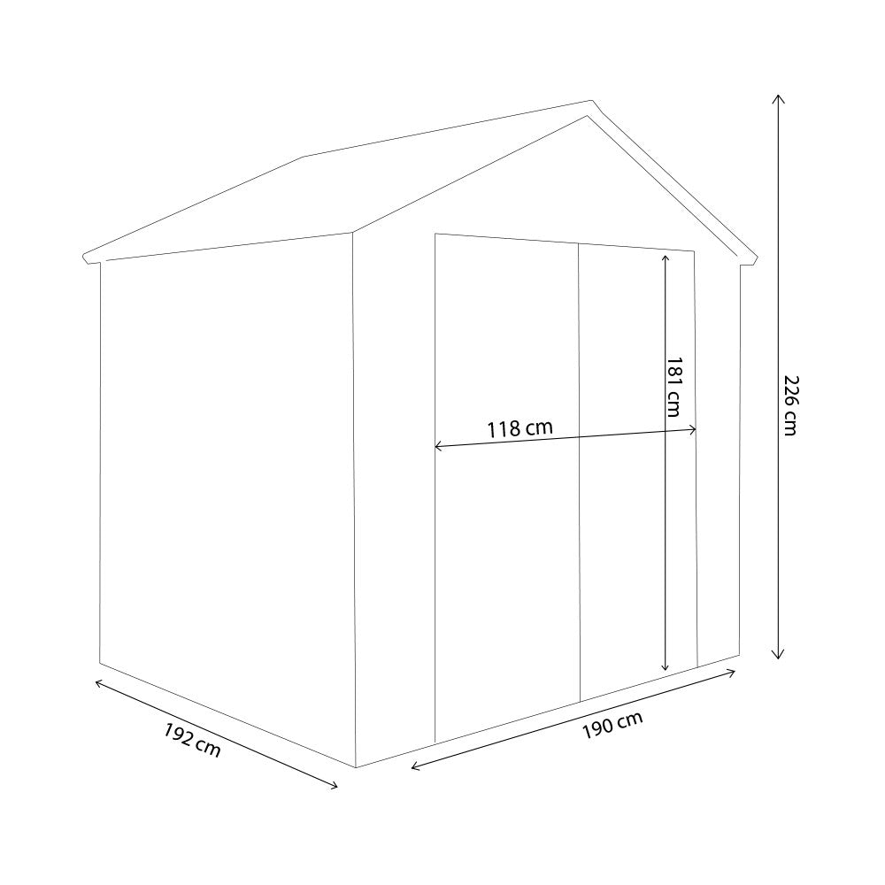 Disegno tecnico della Casetta Home con quote dettagliate che indicano larghezza di 190 cm, profondità di 192 cm, altezza totale di 226 cm e dimensioni della porta.