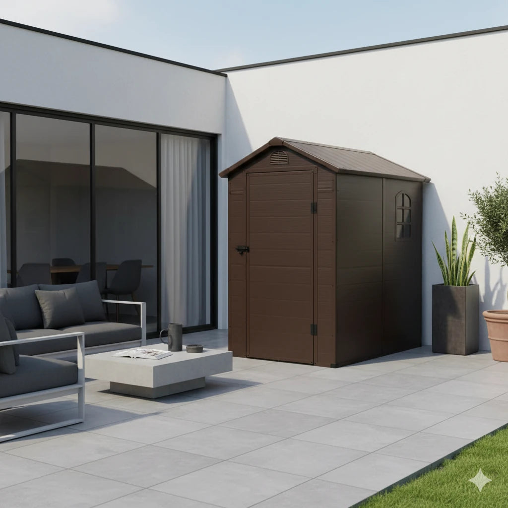 Casetta da giardino Home di colore marrone, con struttura in plastica resistente, perfetta per lo stoccaggio, ambientata in un porticato elegante e moderno