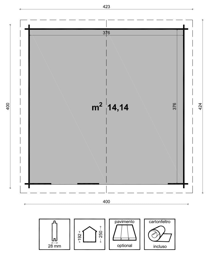 Planimetria tecnica della casetta Ines con dimensioni dettagliate di 400x400 cm e superficie interna.