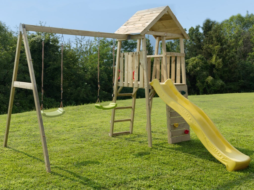 Torretta di avvistamento da giardino Kicca con altalena doppia, scivolo, scaletta e parete per arrampicata, realizzata in pino impregnato.