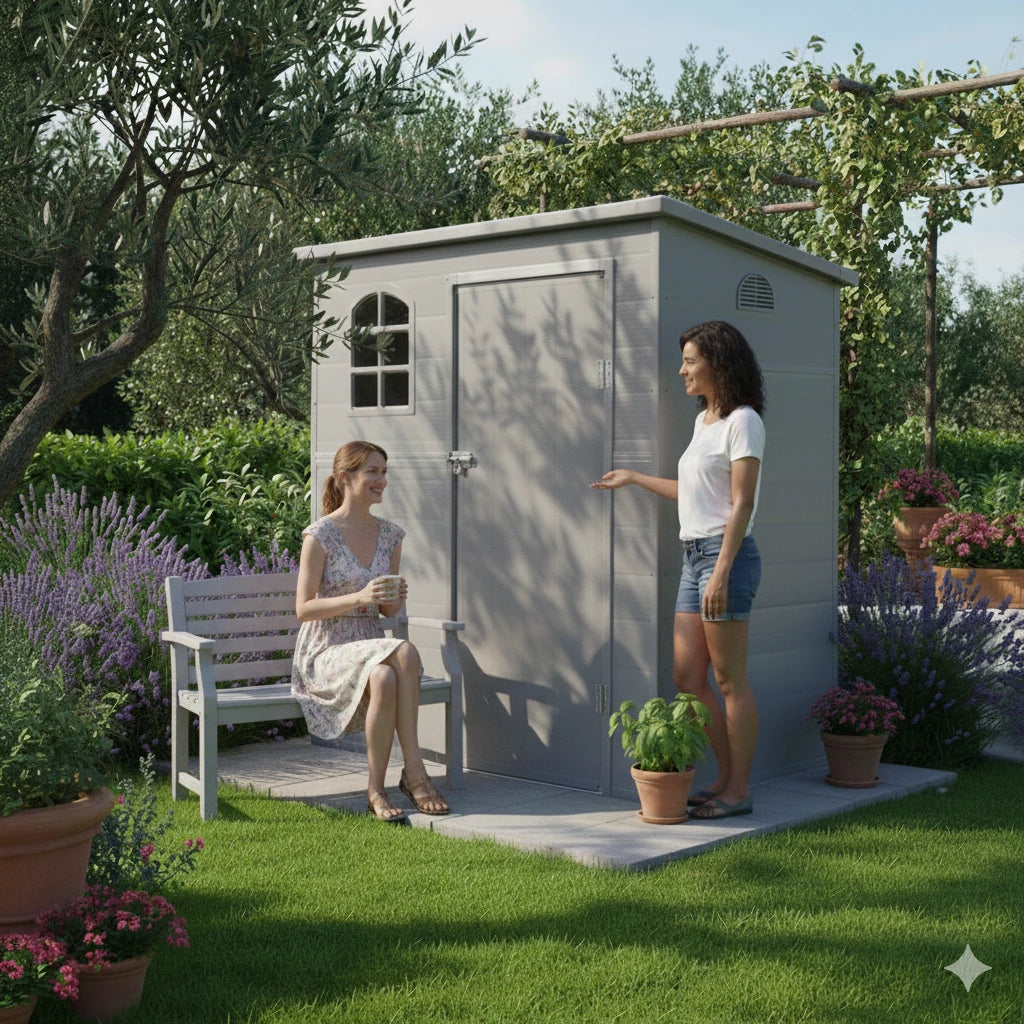 Casetta in Lamiera Addossata Antracite (124x180 cm) con telaio triplo, porta singola e vernice epossidica garantita 15 anni, ambientata in giardino con persone in momento conviviale