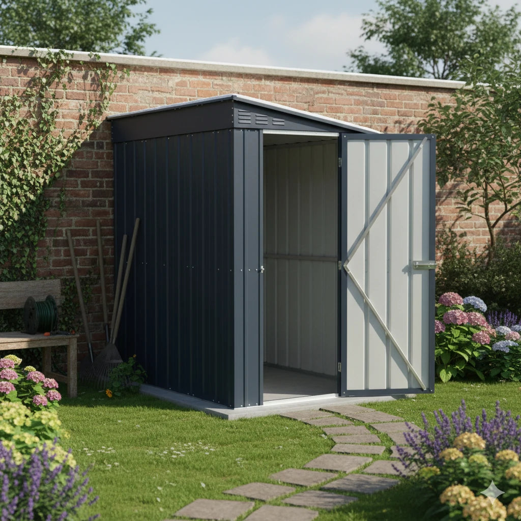 Casetta in Lamiera Addossata Antracite (124x180 cm) con telaio triplo, porta singola e vernice epossidica garantita 15 anni, ambientata in giardino