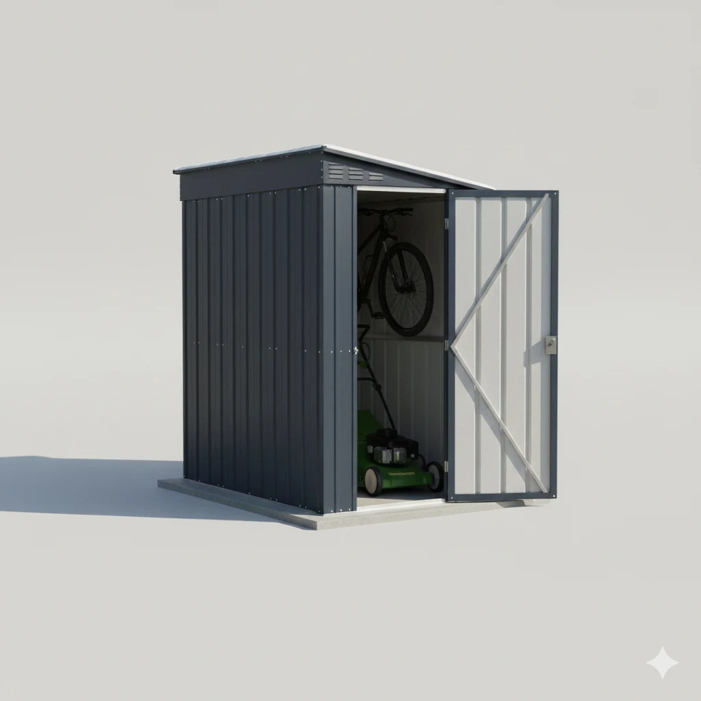 Casetta in Lamiera Addossata Antracite (124x180 cm) con telaio triplo, porta singola e vernice epossidica garantita 15 anni.