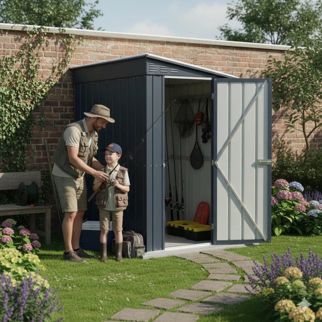 Casetta in lamiera ambientata n giardino utilizzata come deposito per canne da pesca