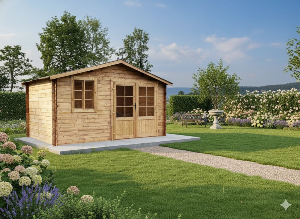 Casetta Lisa da giardino 400x400 cm in Abete Grezzo, grande superficie, doppia porta con serratura e finestra apribile, ambientata in un casolare di campagna