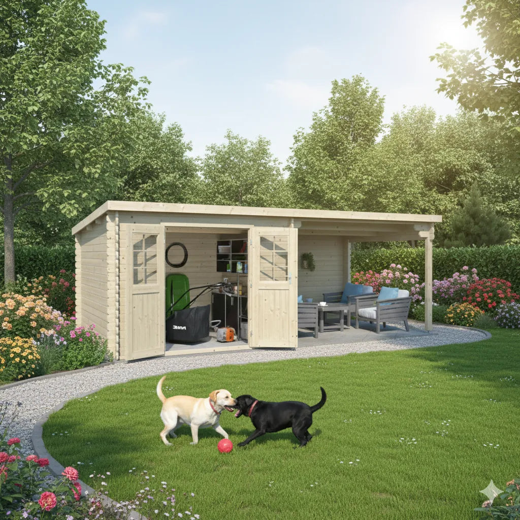 Casetta da giardino con porticato in abete grezzo non trattato, immersa in un ambiente verde